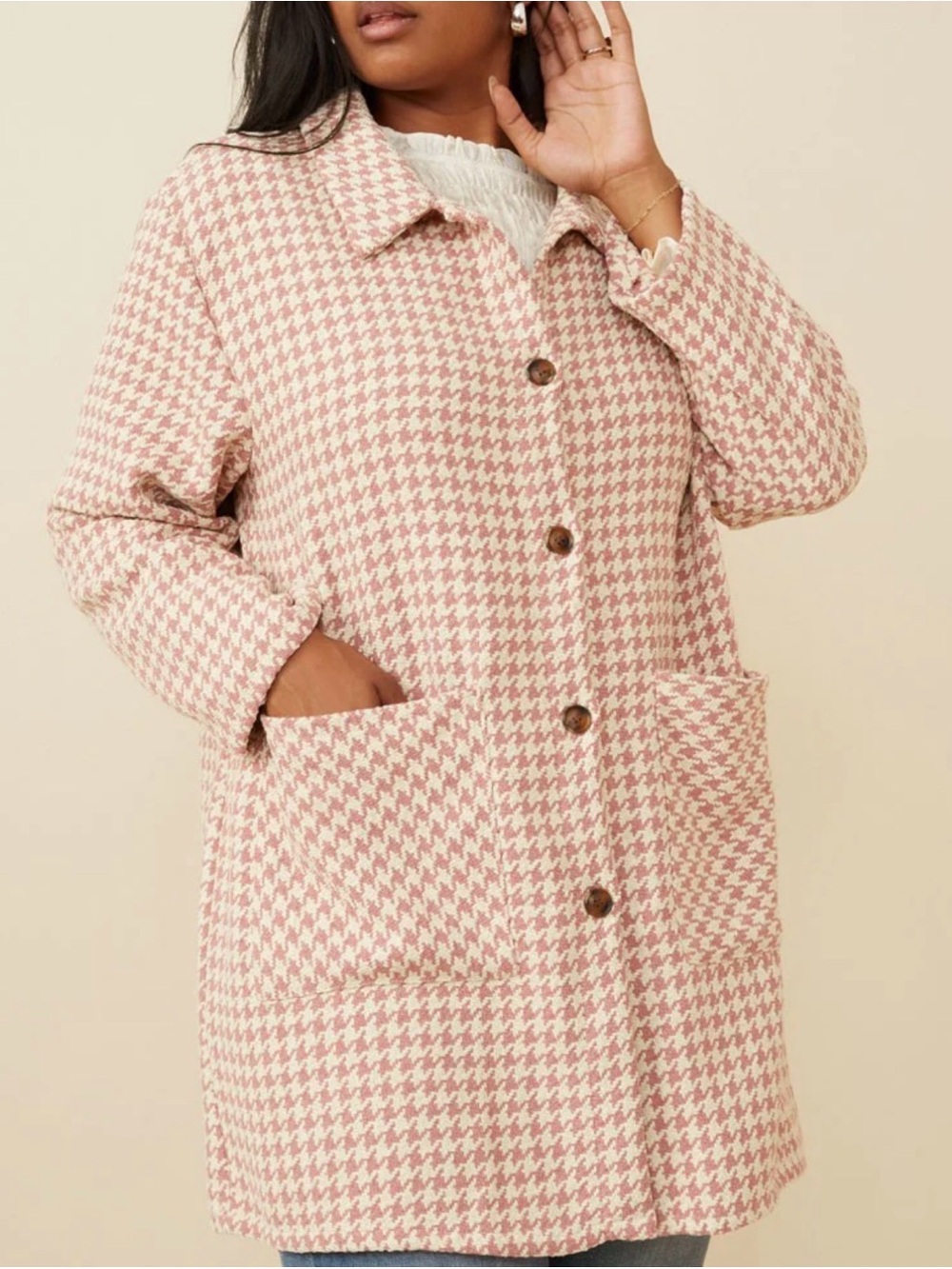 Hayden Pink and Cream Houndstooth Pea Coat